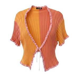 Ruffle Tie-Front Cardigan in Orange & Coral with Pink Trim- Size L- Like New
